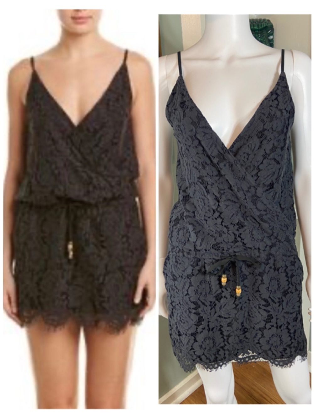 Chaser Gray Lace Surplice Mini Dress Drawstring Waist Small S Low Cut V [CH]